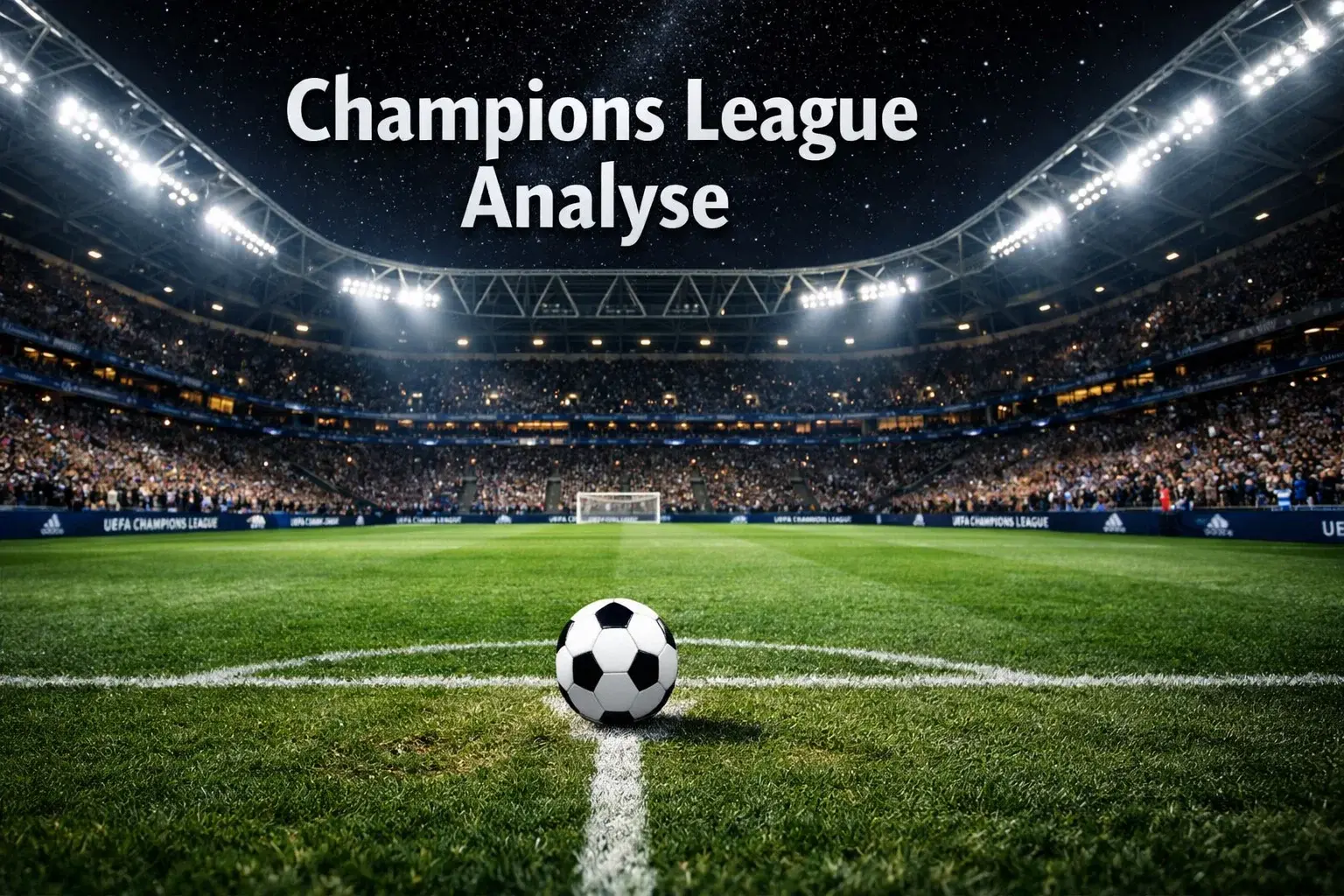 Champions League Tipps heute – Fußball auf dem Rasen mit Champions-League-Flutlicht im Hintergrund