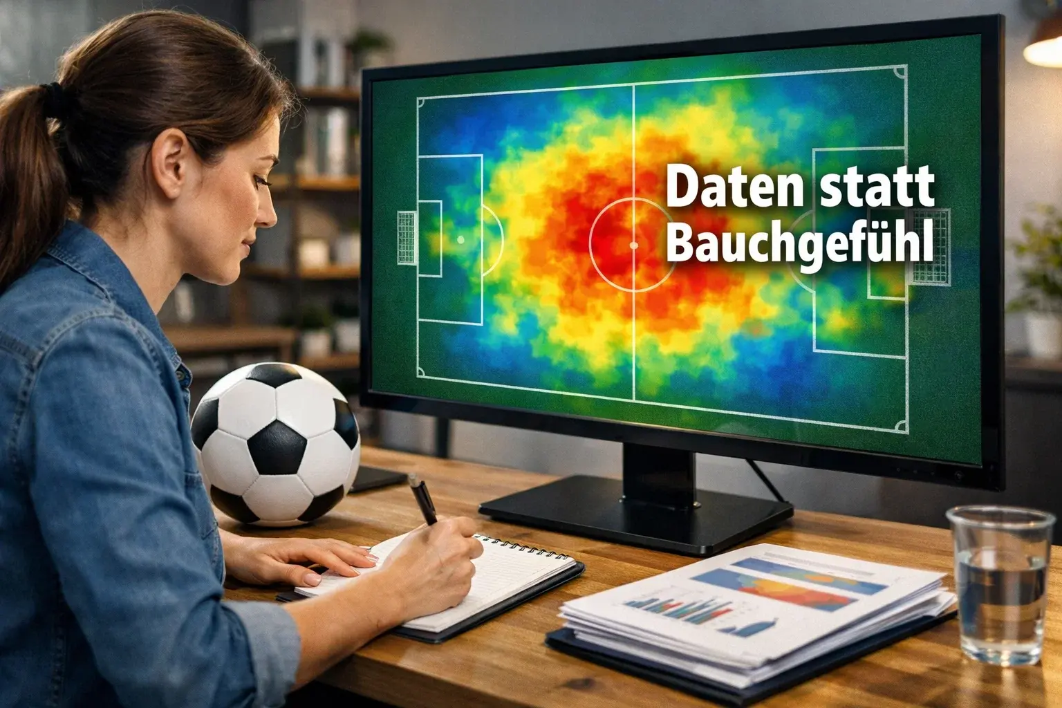 Fußball Prognosen mit Statistik – Analystin arbeitet mit Fußballdaten an einem großen Monitor