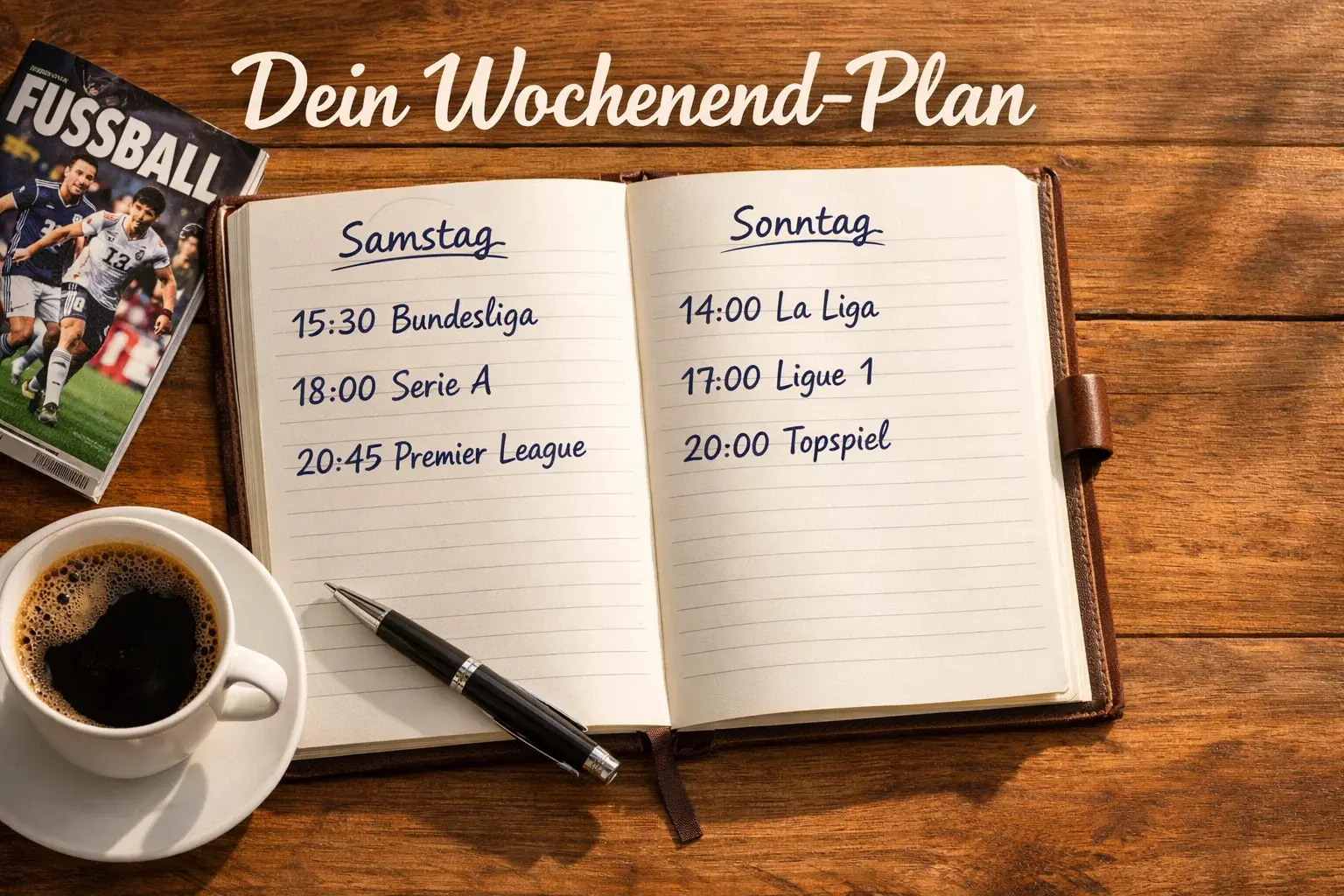 Fußball Tipps Wochenende – Wochenplaner mit Spieltagsnotizen neben einer Tasse Kaffee
