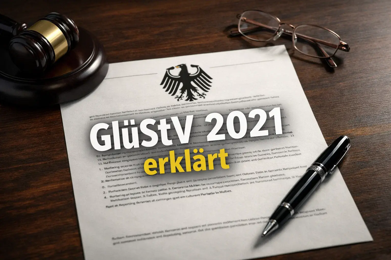 GlüStV 2021 Sportwetten – Gesetzesdokument auf einem Schreibtisch mit deutschem Wappen