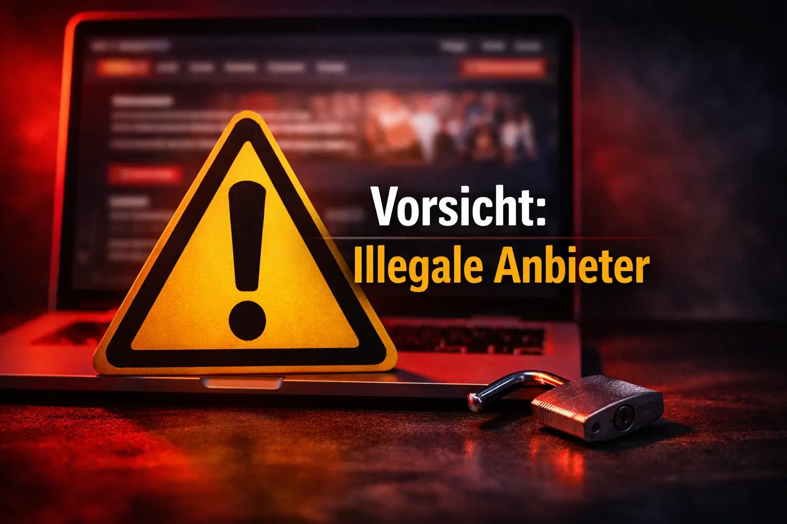Illegale Sportwetten erkennen – Warnschilder neben einem Laptop mit verdächtiger Wettseite