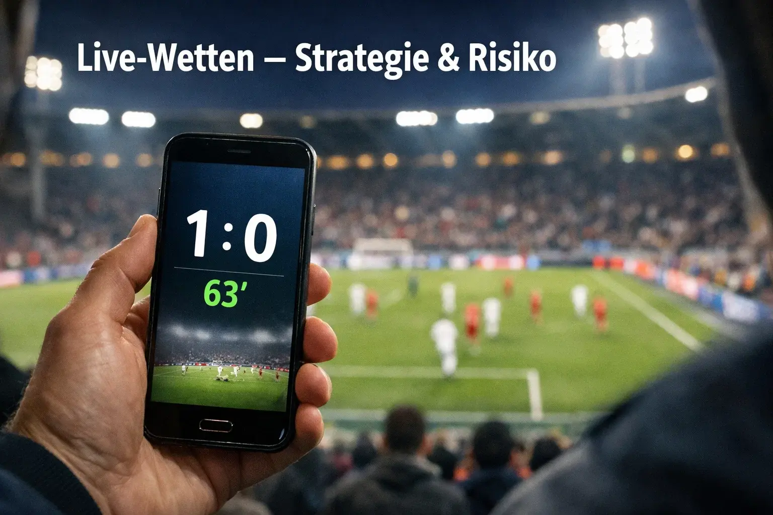 Live Wetten Fußball – Smartphone mit Live-Spielstand vor einem laufenden Fußballspiel im Stadion