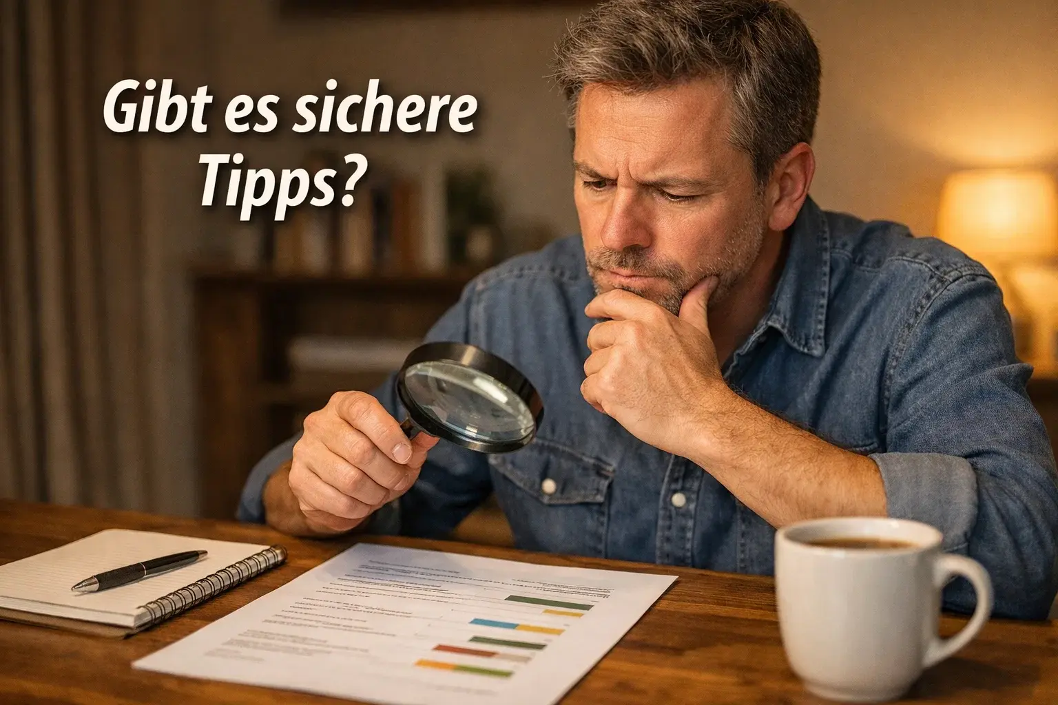 Sichere Wett Tipps Fußball – Person studiert Statistikdokument mit Lupe am Schreibtisch