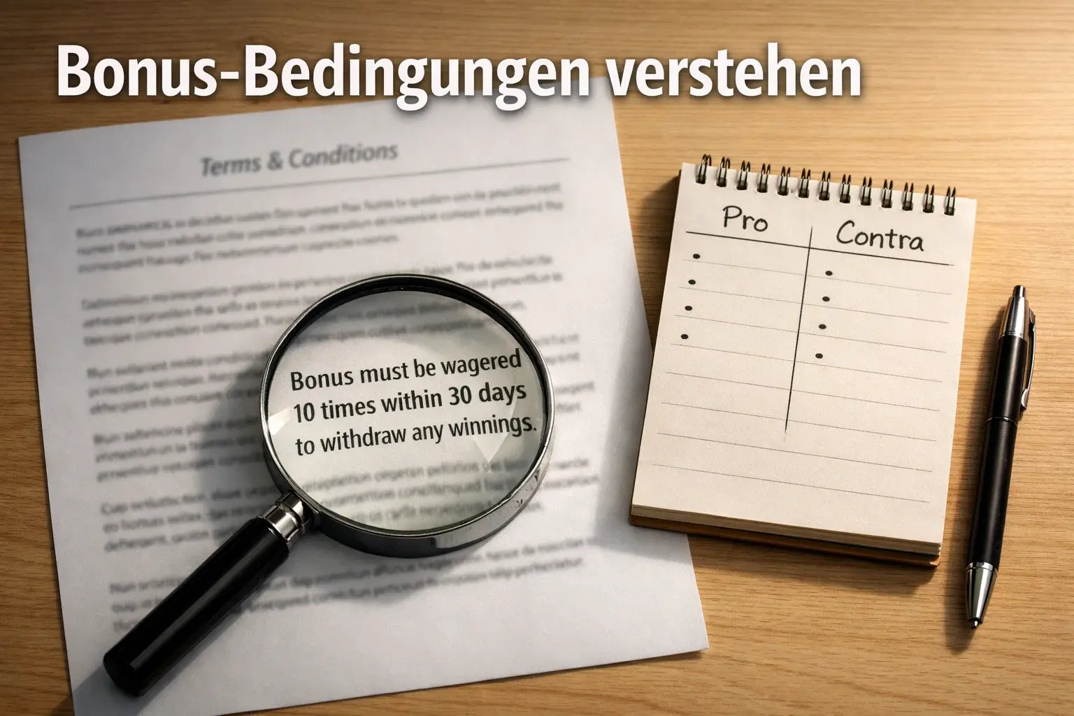 Sportwetten Bonus Freiwetten – Bonusbedingungen-Dokument mit Lupe auf einem Schreibtisch